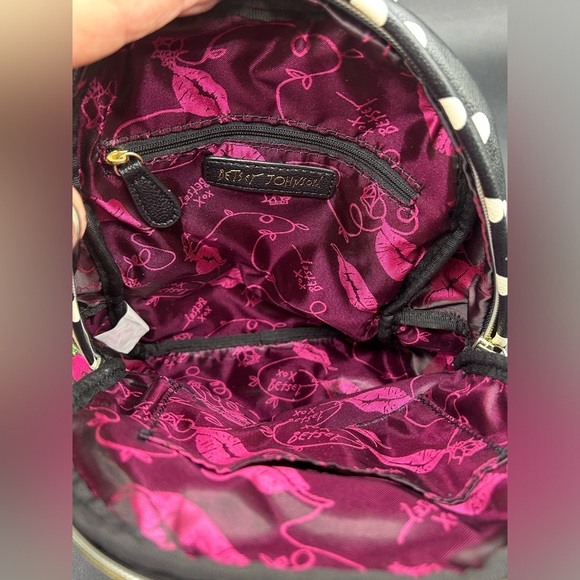 Betsy Johnson Polkadot Roses Leather Mini Backpack Black White Red - Picture 10 of 12